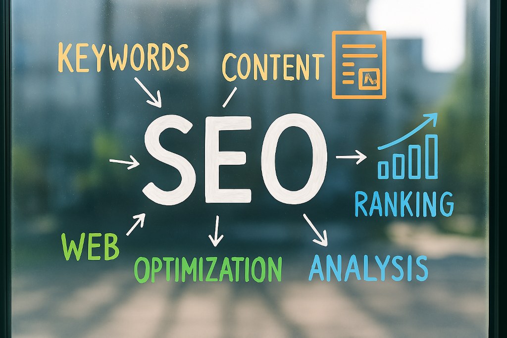 SEO keywords written on a window pane.