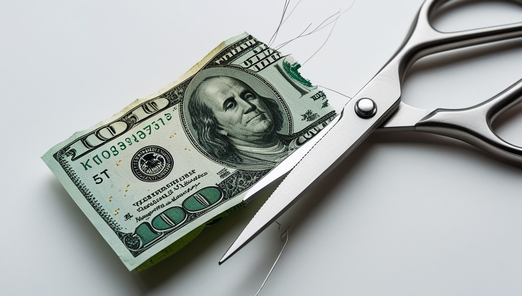 Scissors cutting a hundred dollar bill to represent cost reduction