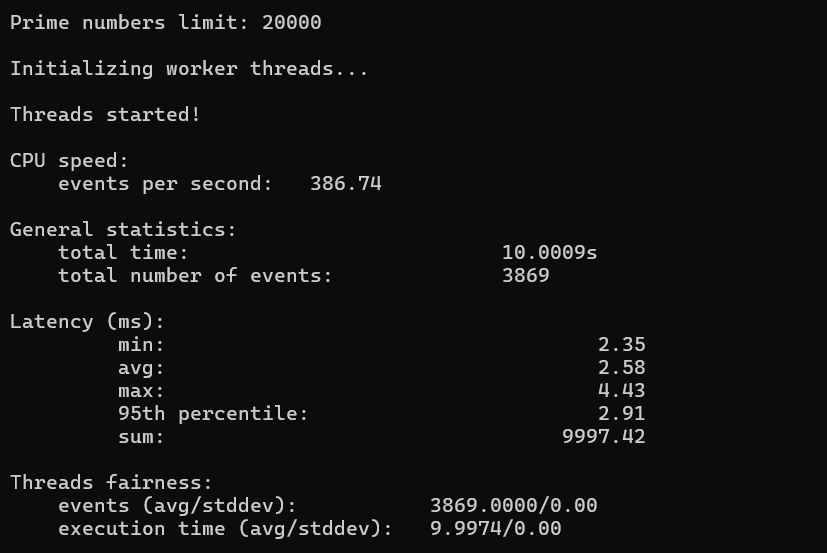 Sharktech VPS CPU benchmark showing only 387 events per second single-core performance despite 8 vCPU allocation