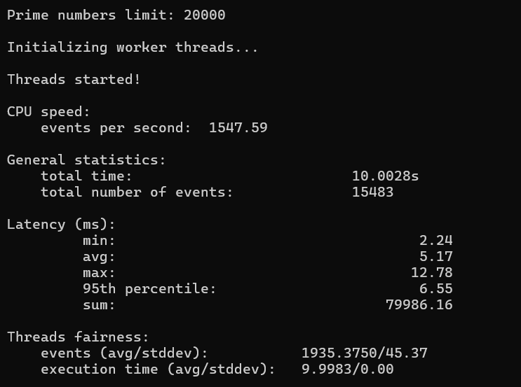 Sharktech VPS multi-core benchmark showing 1,548 events per second across 8 vCPU cores