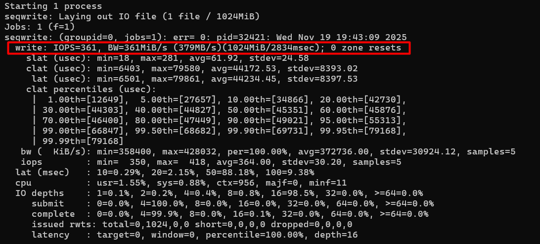Sharktech VPS sequential read test displaying 361 MiB per second bandwidth performance