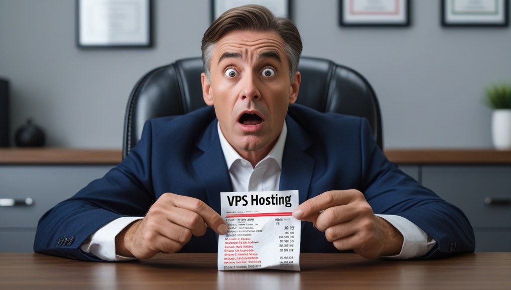 Shocked businessman holding unexpected VPS hosting bill
