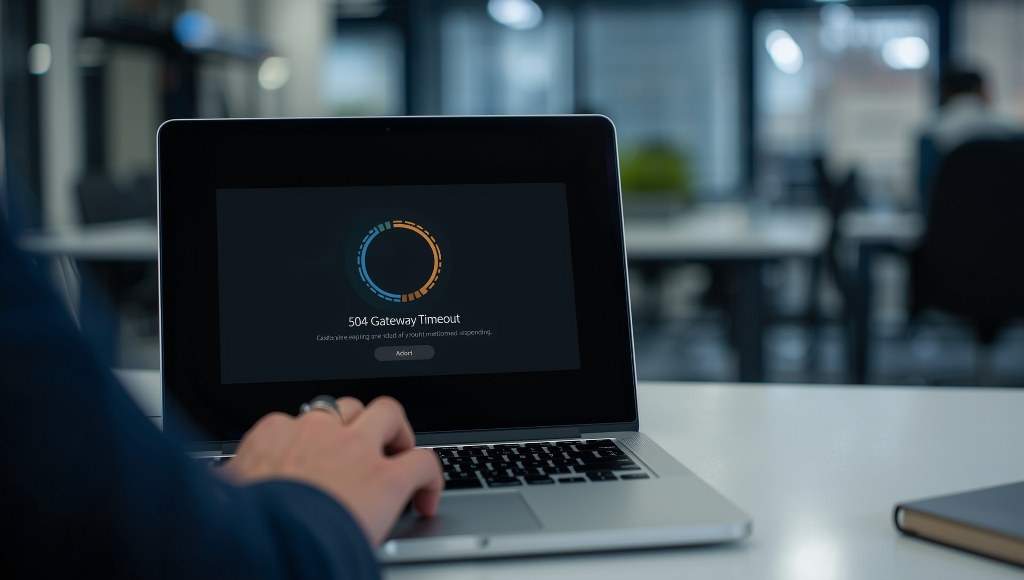 Show a spinning loading icon, frozen interface with message ‘504 Gateway Timeout’.