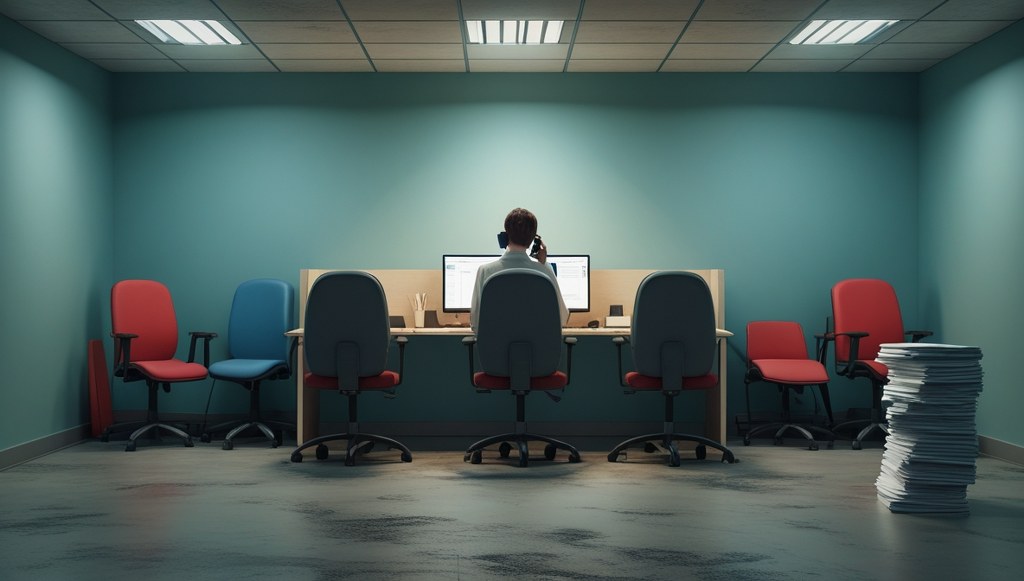 Single IT support worker in empty office with multiple desks