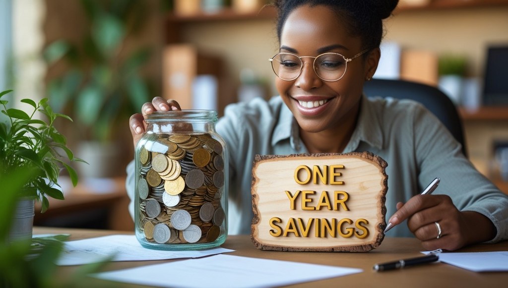 Smiling woman calculating one year savings from hosting plan
