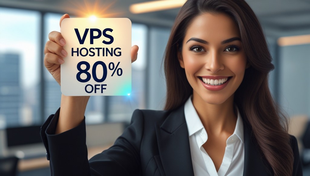 Smiling woman holding VPS hosting eighty percent discount sign