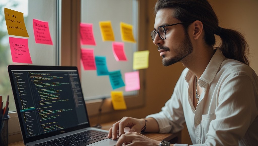 Software developer coding on laptop with task notes on wall