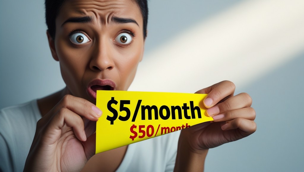 Surprised woman holding discounted five dollar per month subscription offer