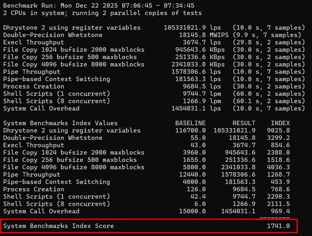 System benchmark results summary showing overall performance index score