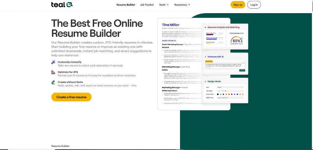 Teal Resume Builder's website.
