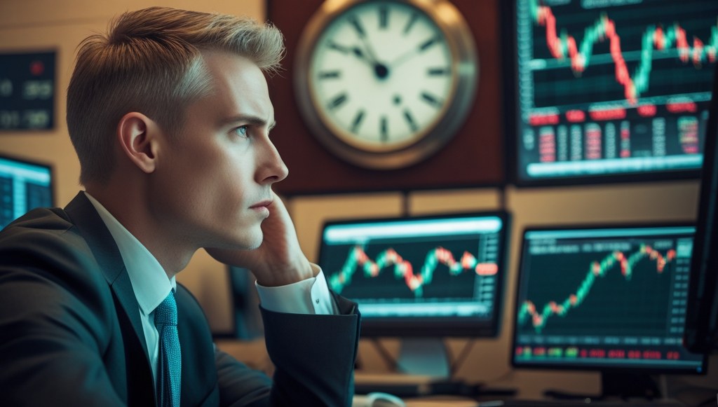Trader monitoring live market charts on multiple screens