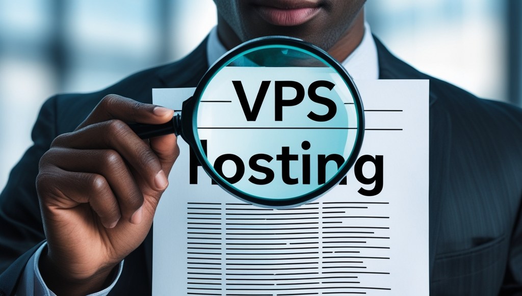 User examining VPS hosting terms with magnifying glass