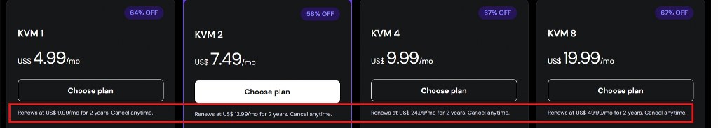 VPS pricing plans showing low introductory rates with higher renewal costs