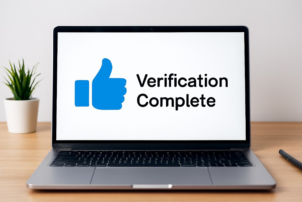 Verification complete notification on a laptop.