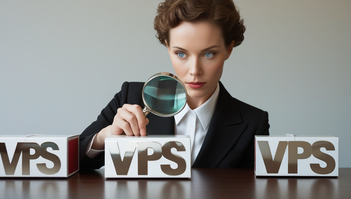 Woman examining VPS hosting options with magnifying glass
