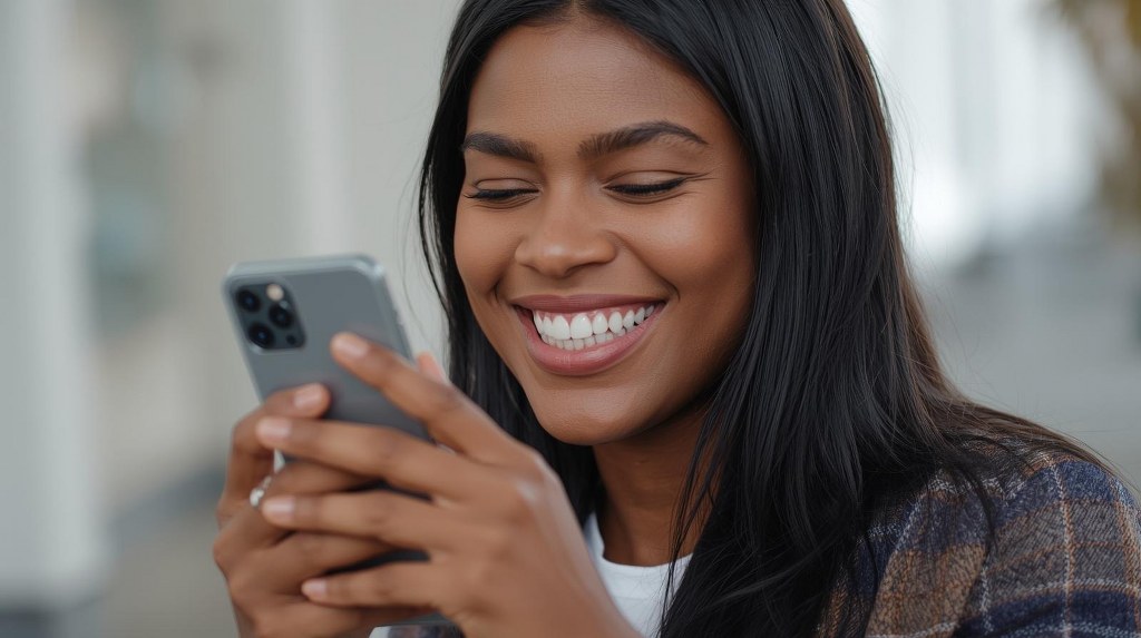 Woman happy while using smartphone.