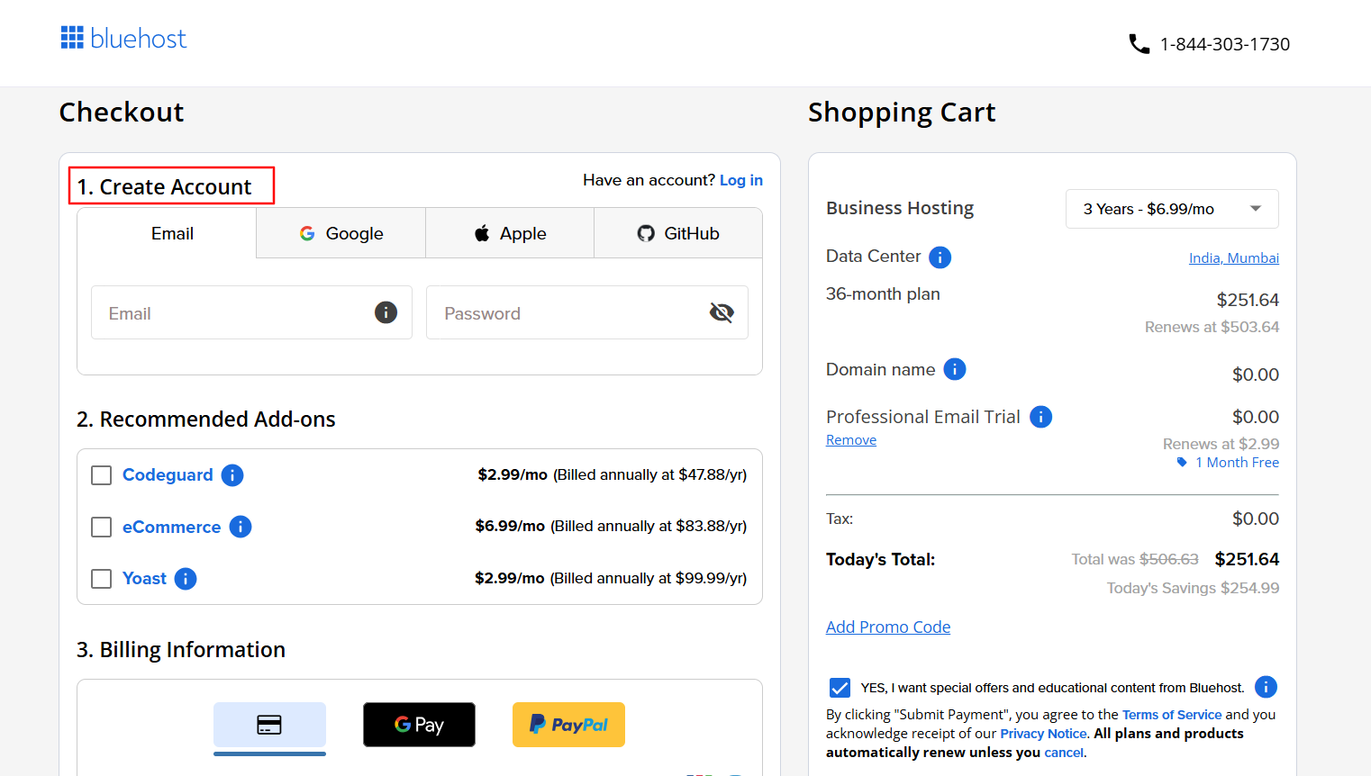 screenshot of the Bluehost's checkout