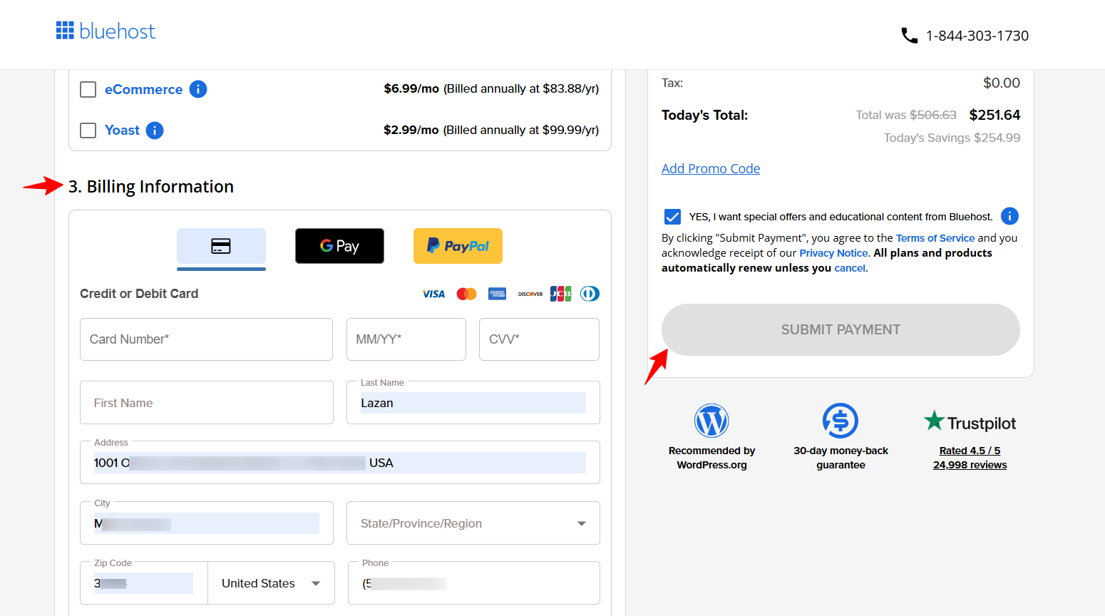 screenshot of the Bluehost's Billing Information