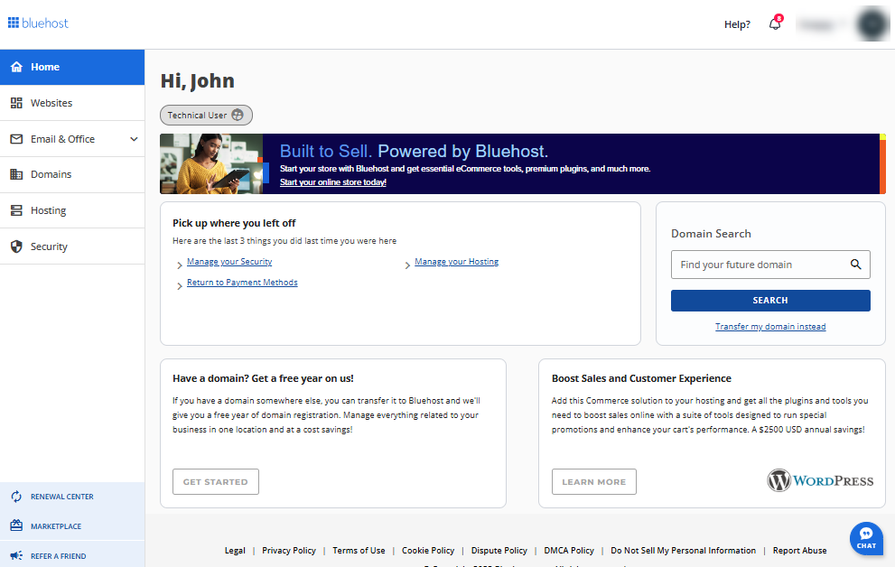 screenshot of the Bluehost dashboard