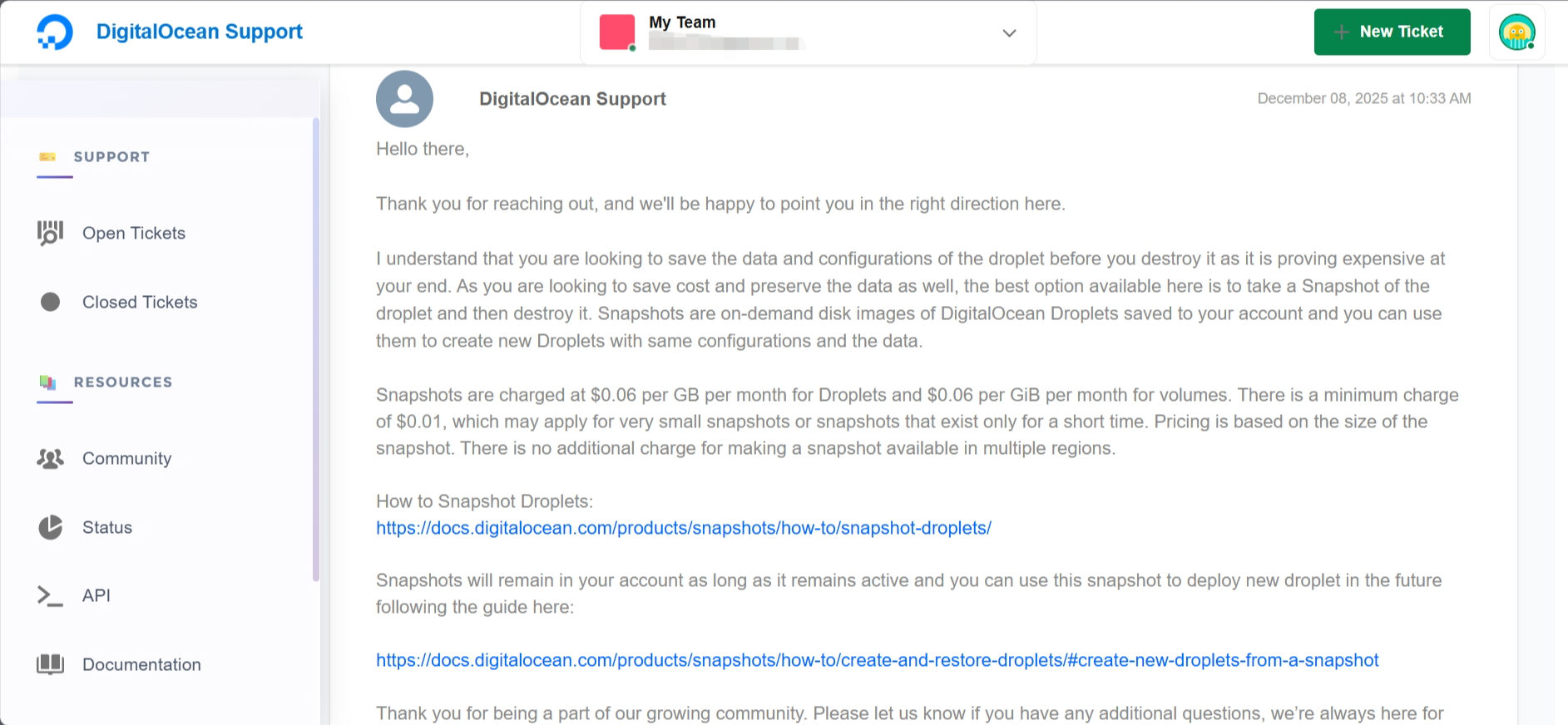screenshot of DO Support conversation