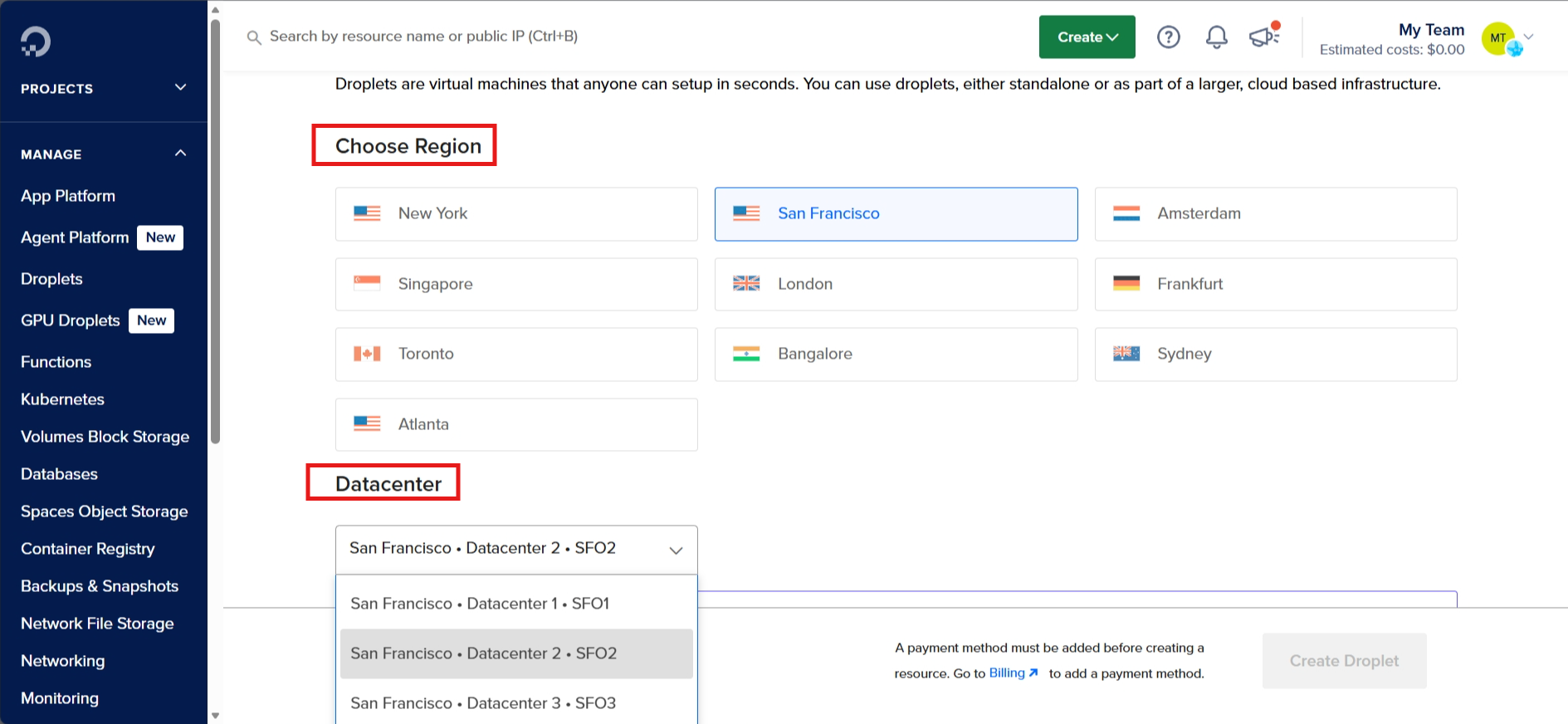 screenshot of DigitalOcean Datacenter Locations