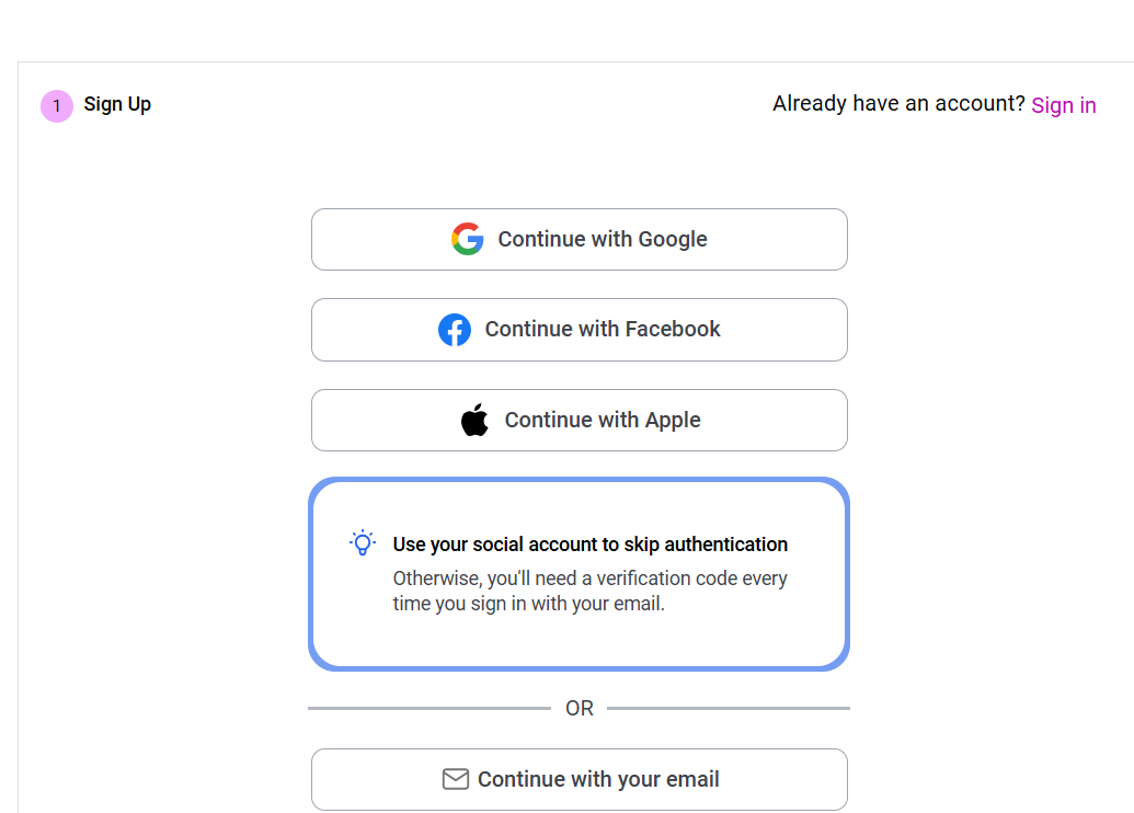 Elementor account registration options