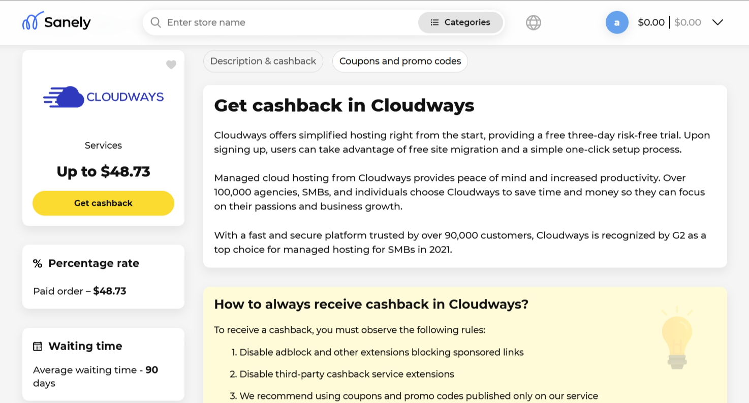 Cloudways cash back page on Sanely website