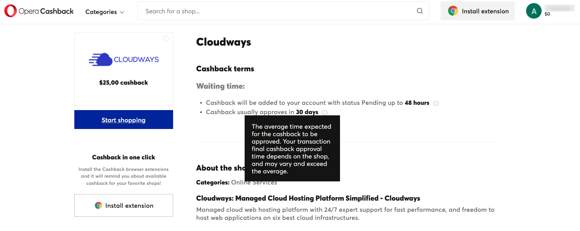Cloudways cash back page on Opera Cashback website