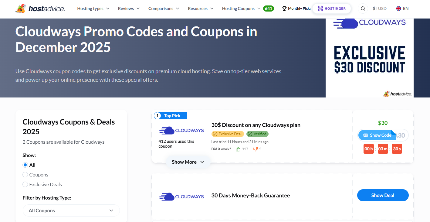 Cloudways Coupons page on HostAdvice website