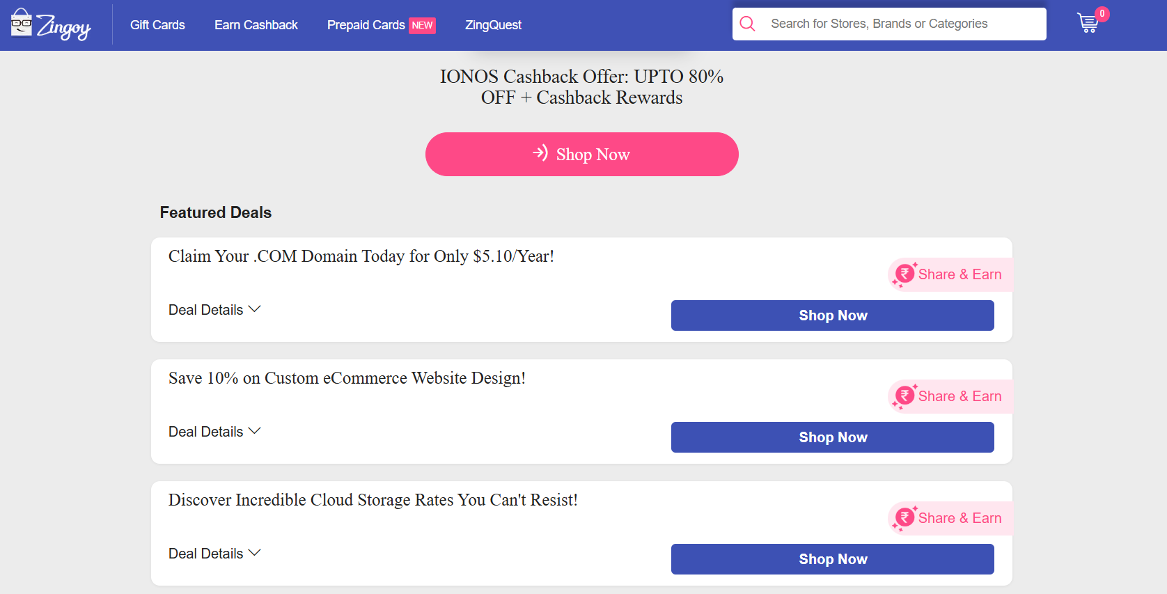 IONOS Cashback Page on Zingoy website