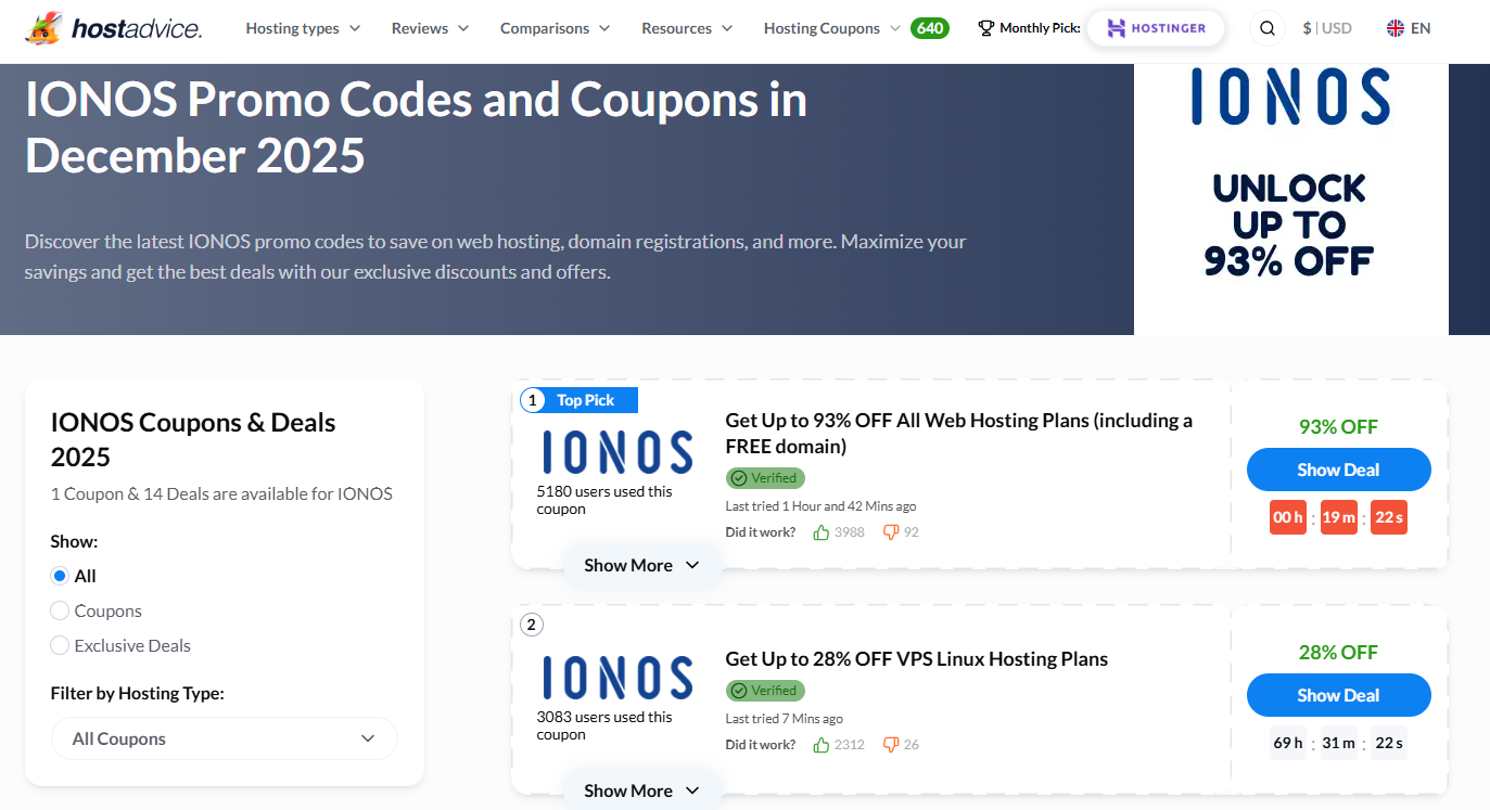 IONOS Coupons Page on HostAdvice website