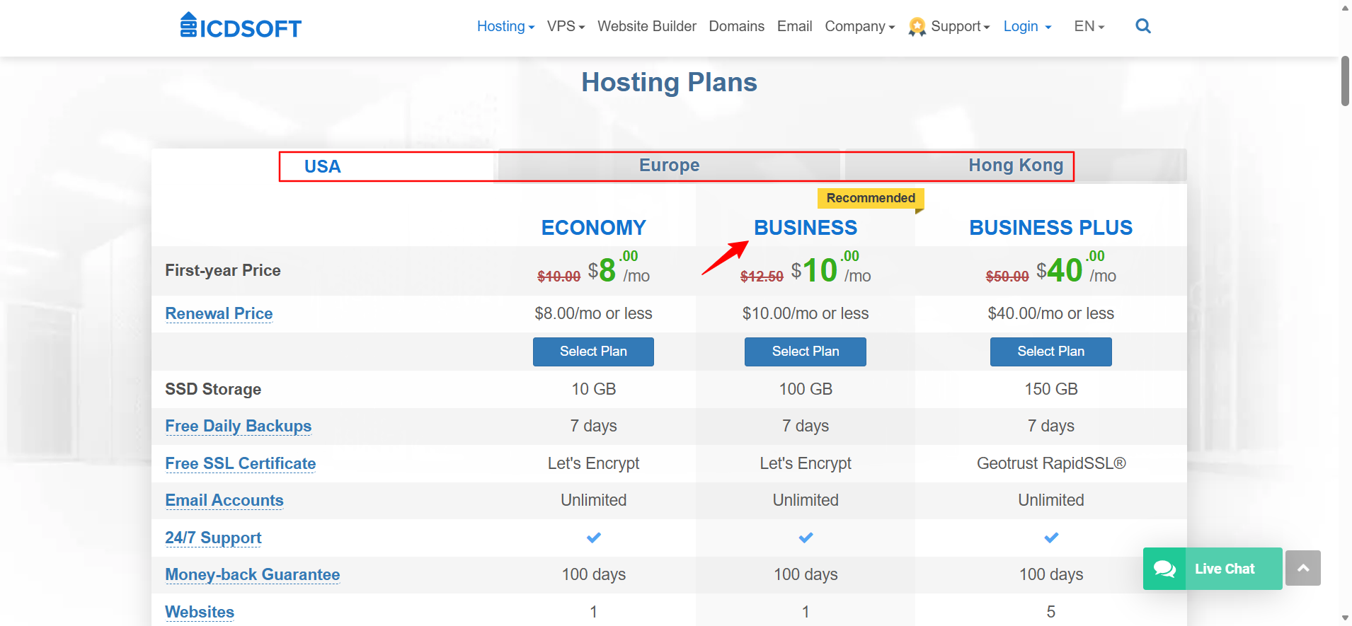 Screenshot of hosting plans