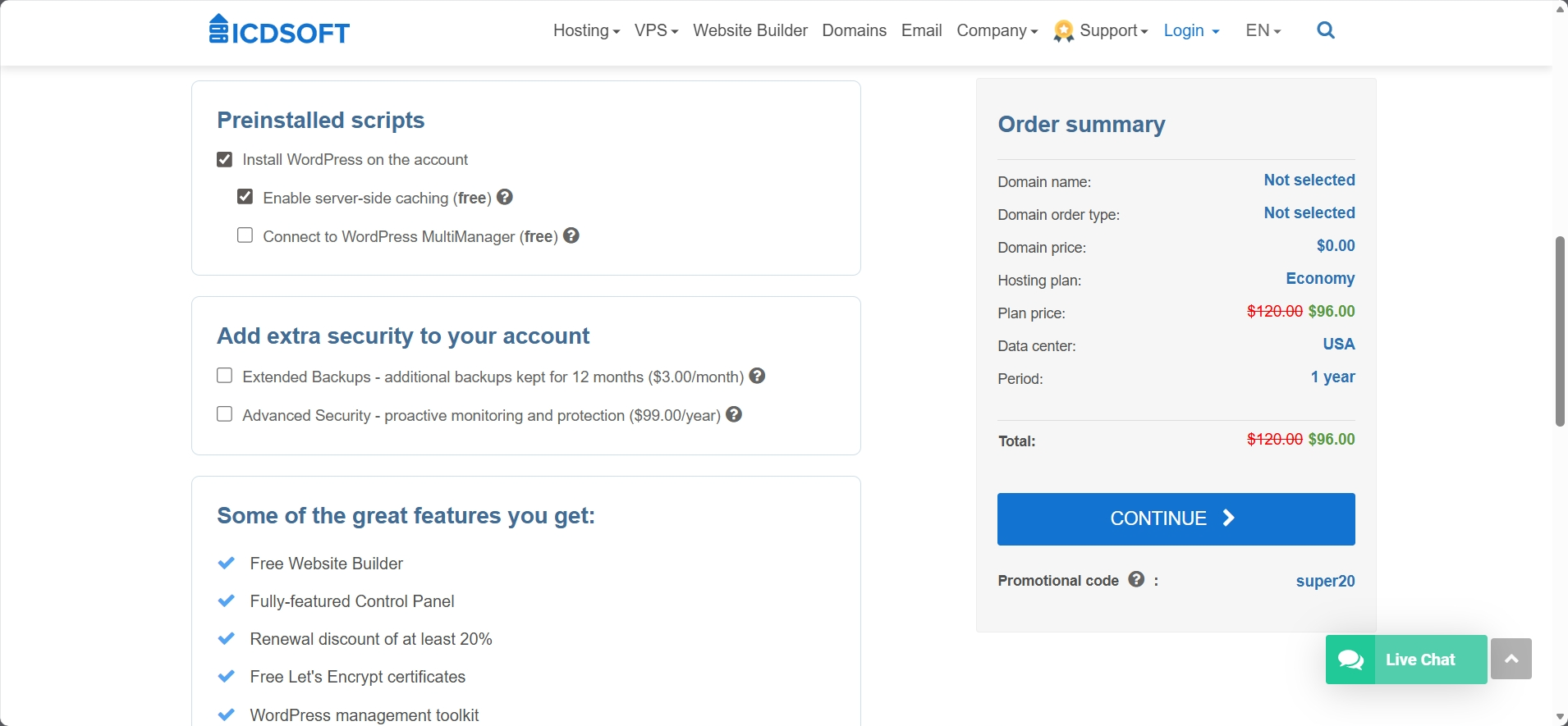 Screenshot of hosting plan configurations