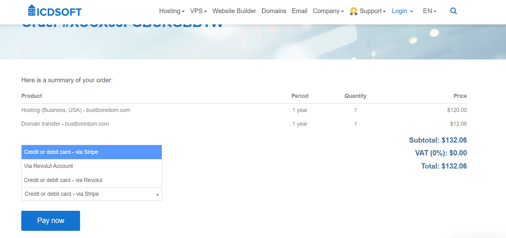 Screenshot of payment methods