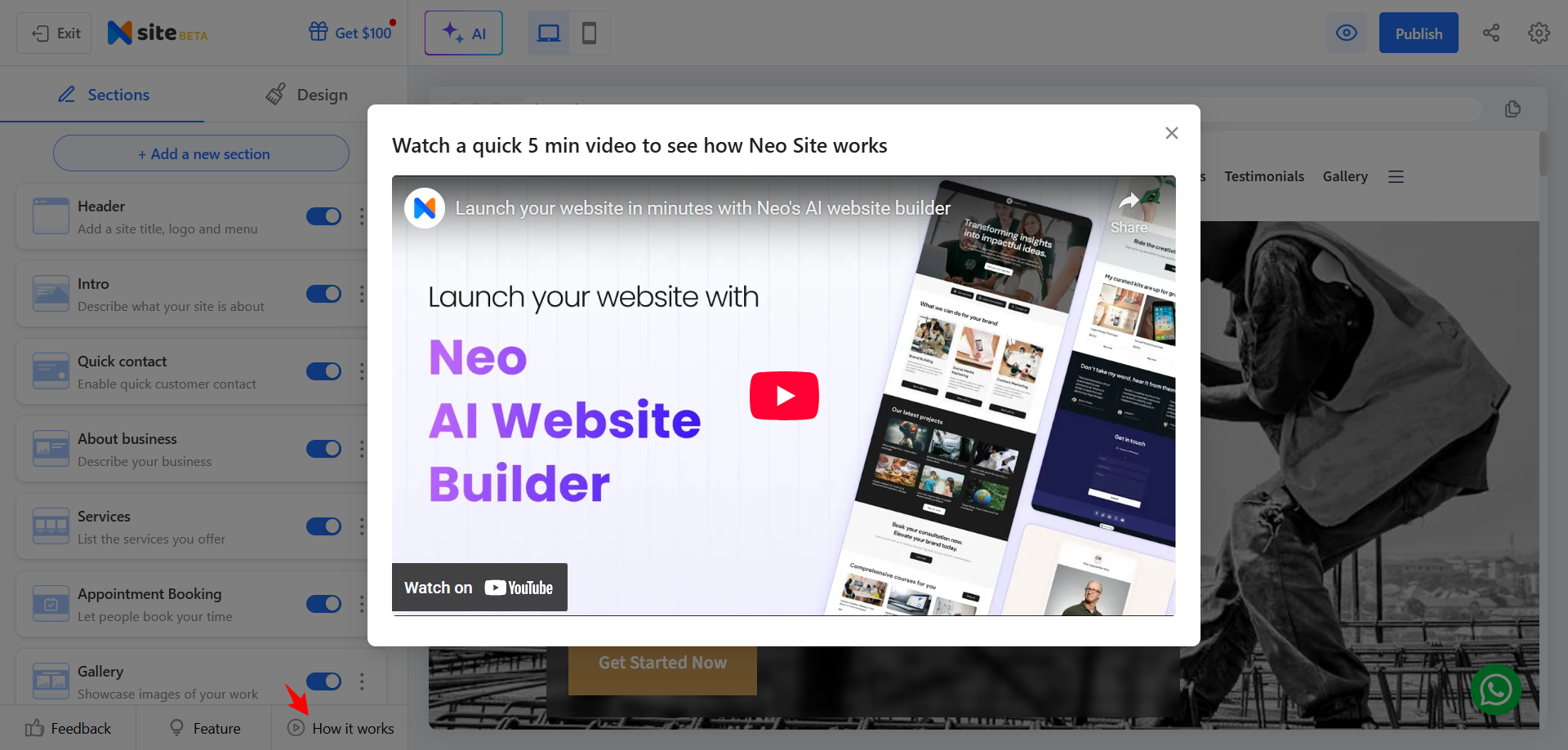 Pop-up window with the YouTube wideo 