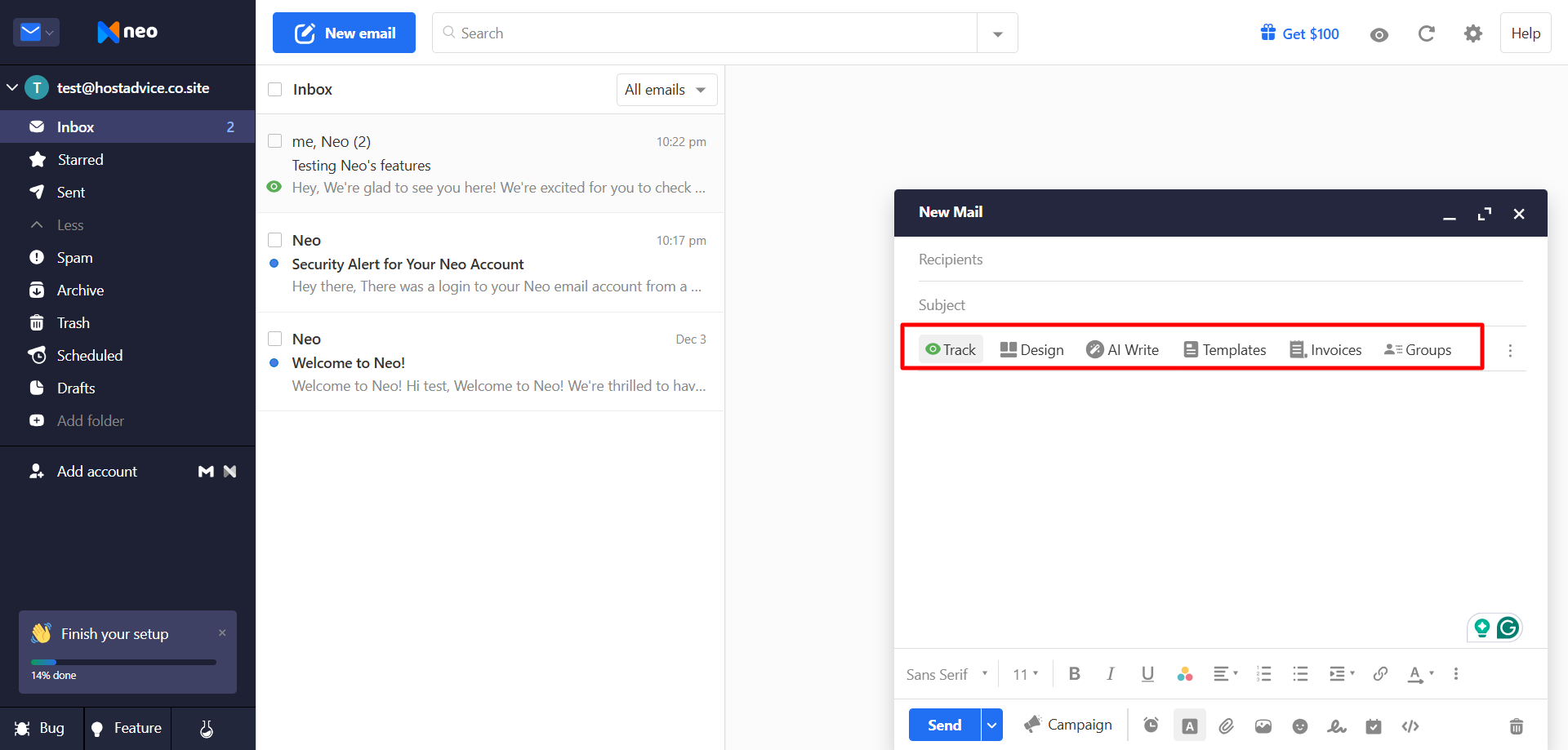 New Email window with highlighted top bar