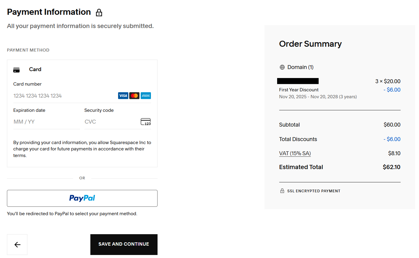 Squarespace checkout page with Enter Promo Code box