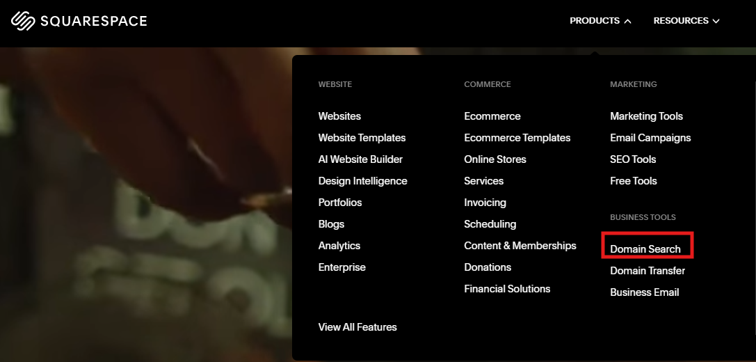 Karta Produkty na Squarespace zobrazujúca možnosť Vyhľadávanie domén