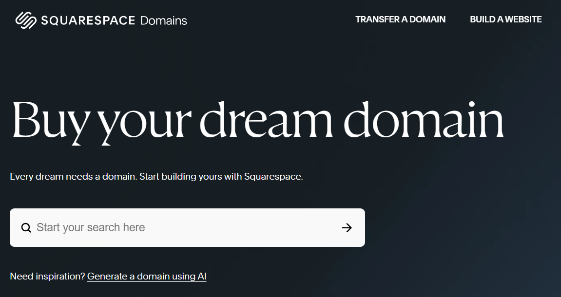 Screenshot stránky s výsledkami vyhľadávania domén na Squarespace