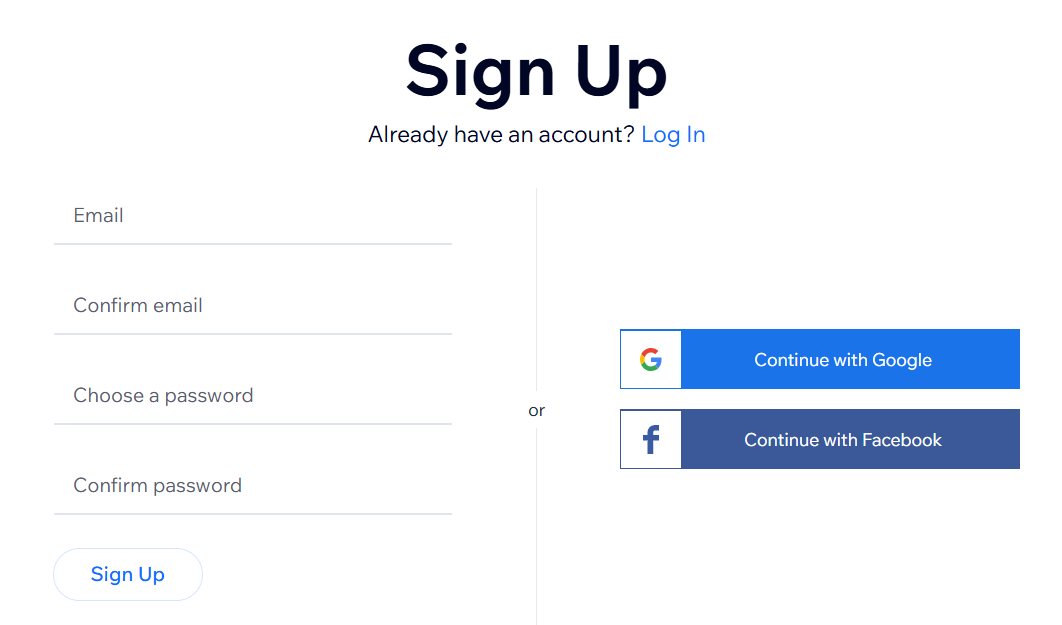 لقطة شاشة لشاشة تسجيل الدخول أو إنشاء حساب في Wix