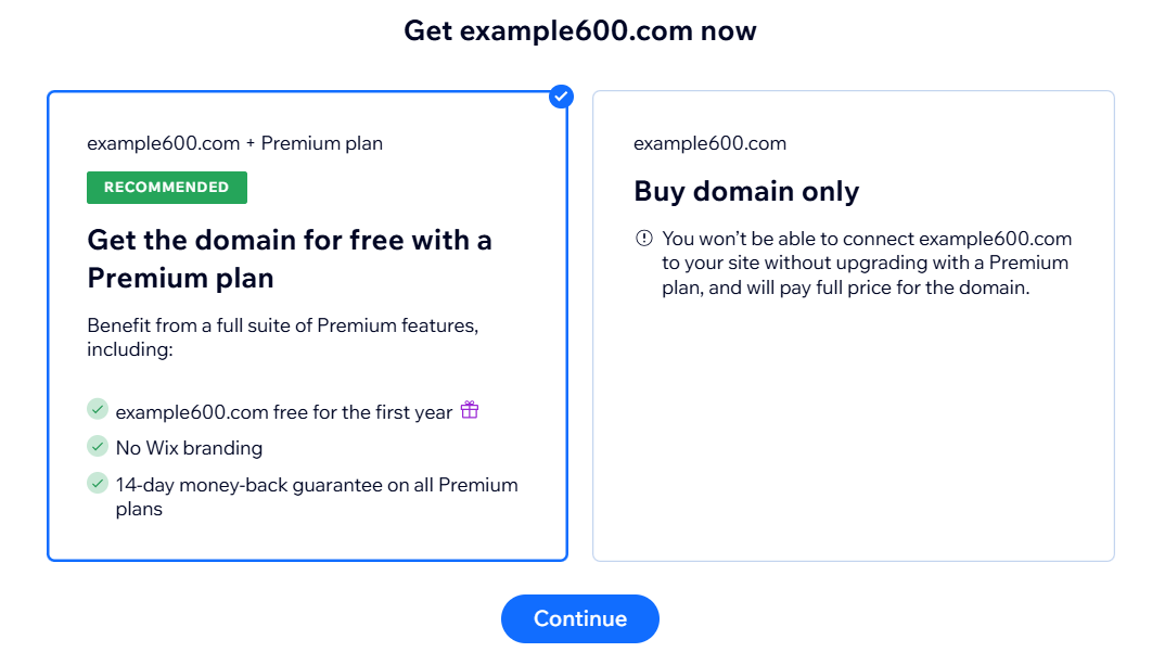Wix domain search availability and pricing results screenshot