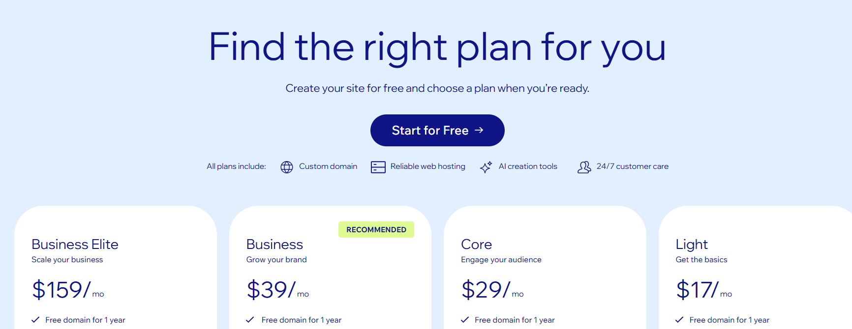 Wix Premium Plan selection screen for domain pairing screenshot