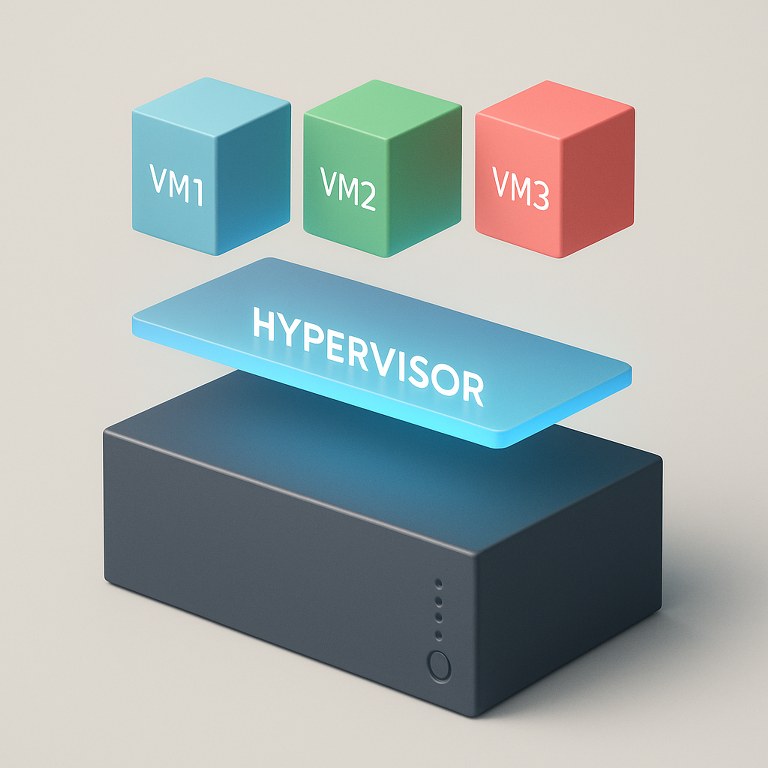 A 3D illustration showing a hypervisor slicing one physical server into separate VM blocks.