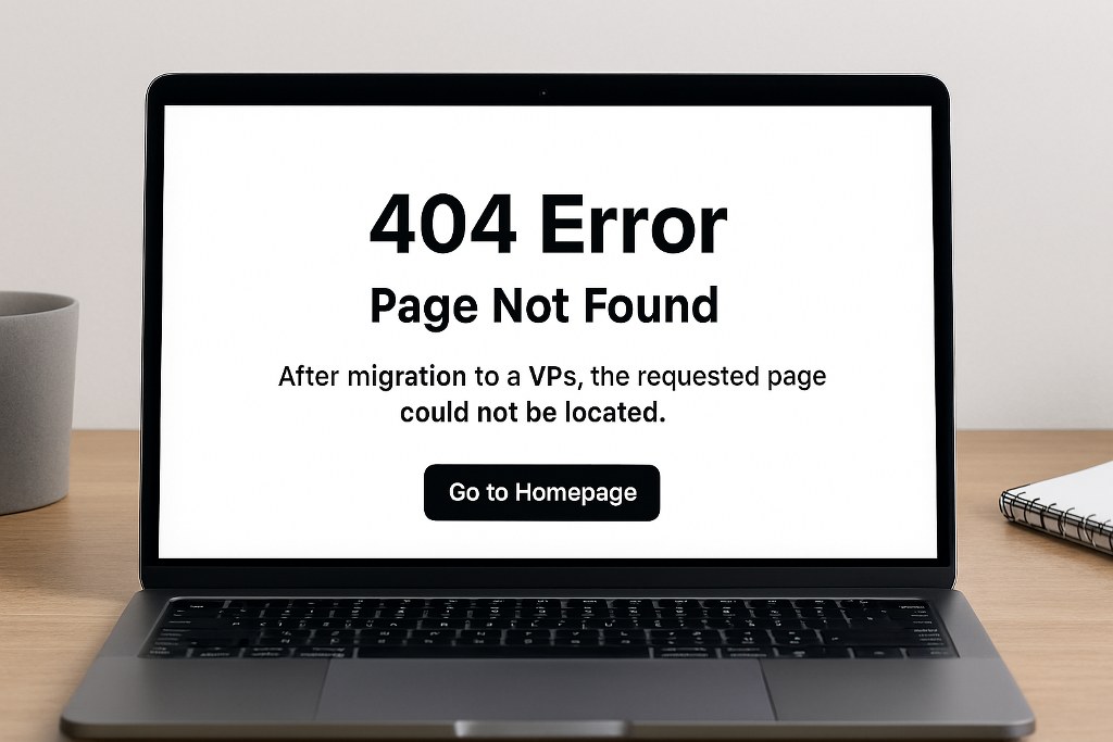A 404 server error on a website after VPS migration.