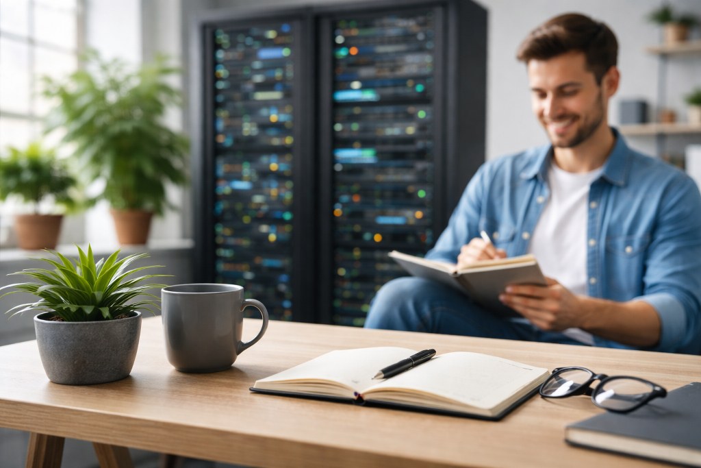 A beginner-friendly hosting setup showing a user working comfortably while servers are managed in the background.