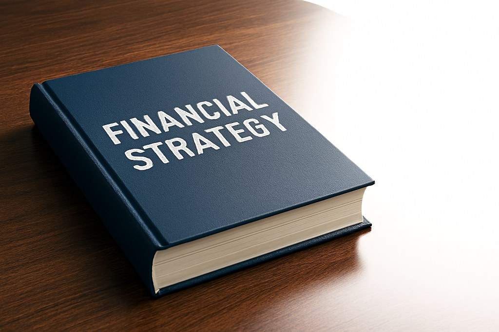 A book with the title Financial Strategy on a table.
