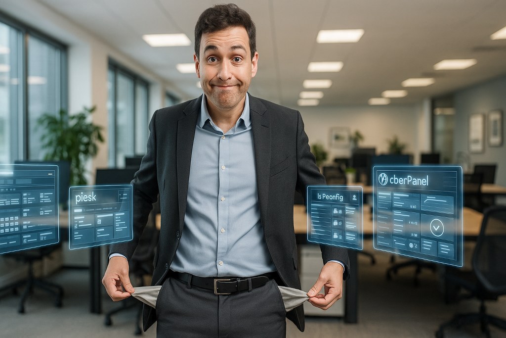 A business person humorously shows empty pockets in an office