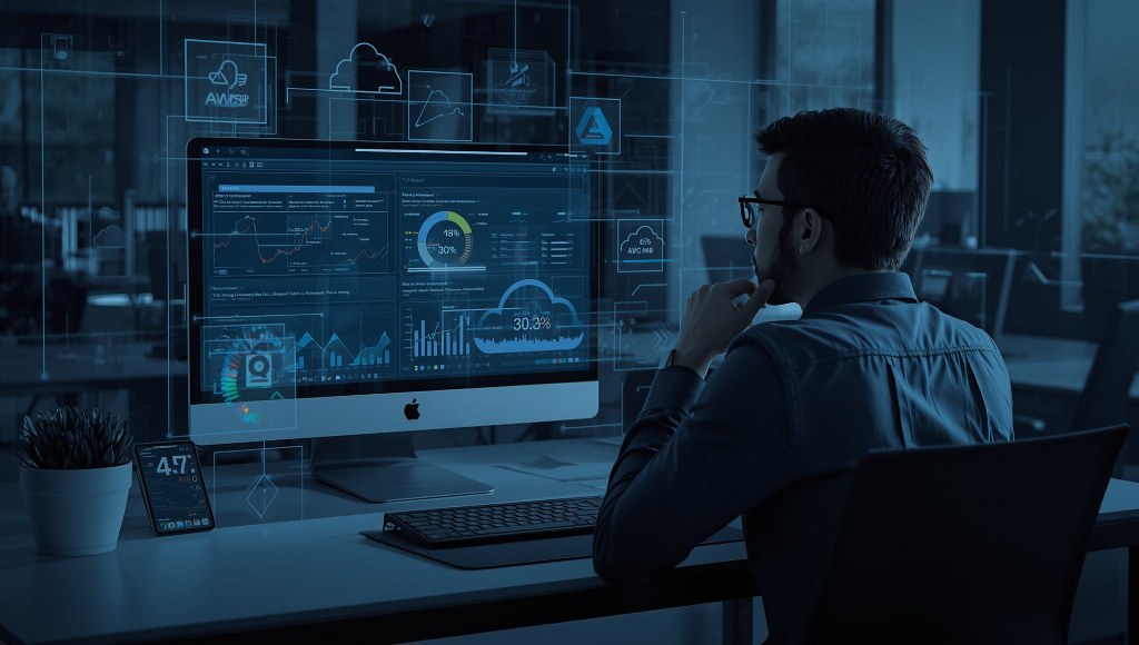 A business professional or IT specialist sitting at a modern desk, looking at a computer monitor displaying several Multi-Cloud Management Solutions.