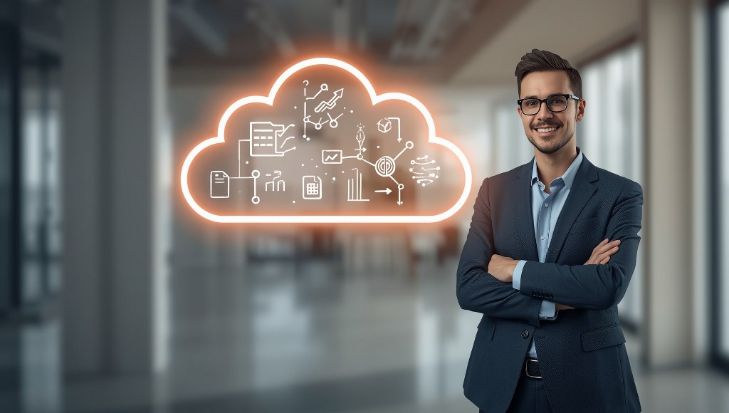 A business professional standing confidently with a large glowing cloud icon floating above or beside them.