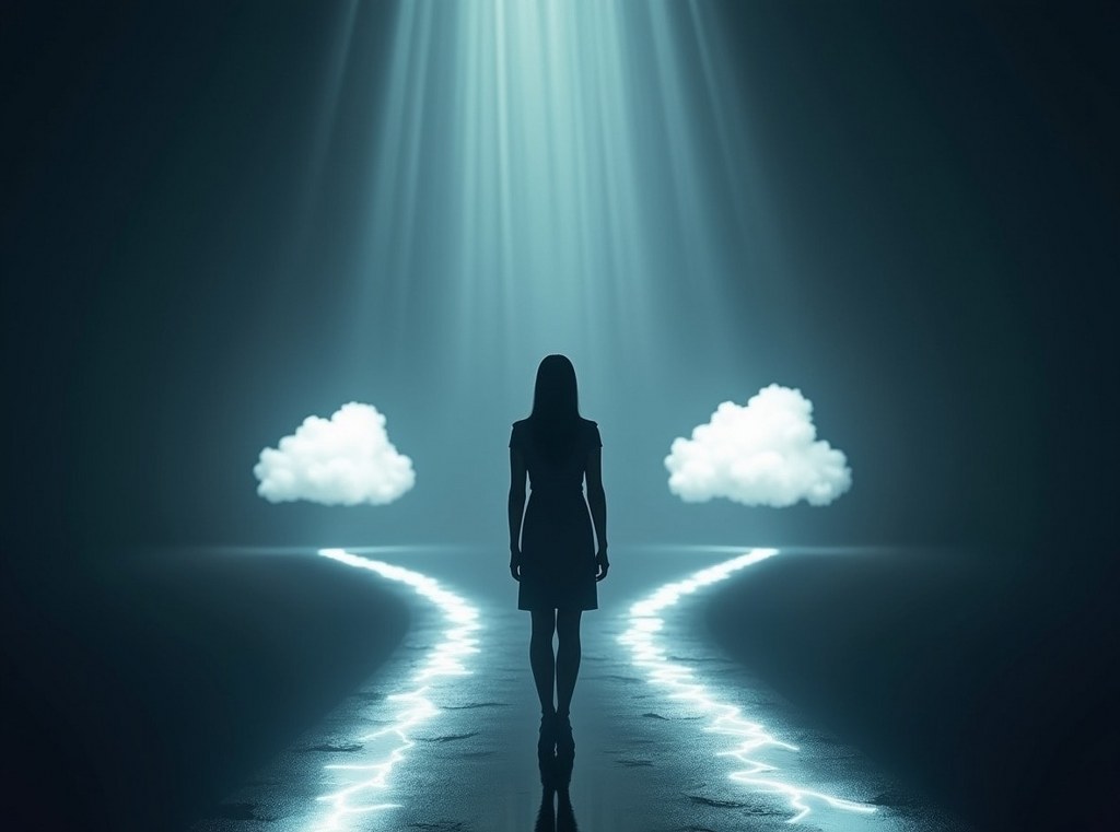 A businesswoman standing at a crossroads with paths leading to different cloud options, symbolizing the choice of a deployment model.